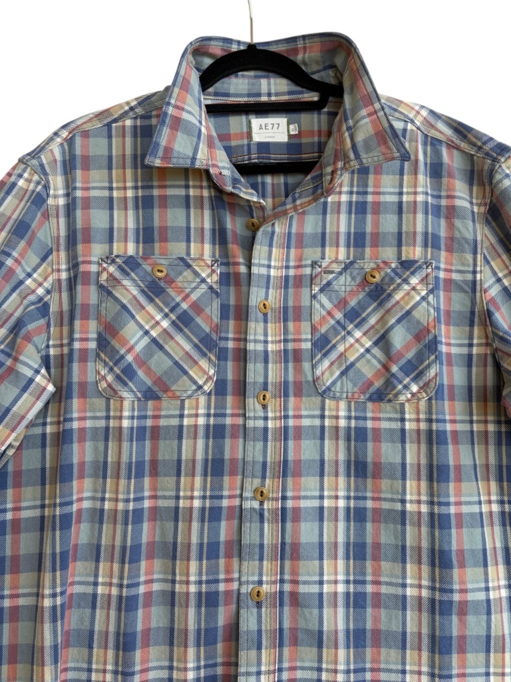 AE77 Men's XL Plaid Flannel Thick Premium Button Up Shirt Blue 100% Cotton
